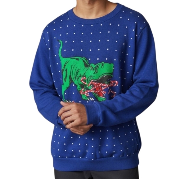 Alex Stevens Crewneck T Rex Ugly Christmas Crewneck Sweatshirt in Blue Sz Large - Picture 1 of 8